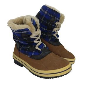 Merona Womens Pre-owned Brown w/Blue Plaid Faux Fur Lined Winter Boots - sz. 7